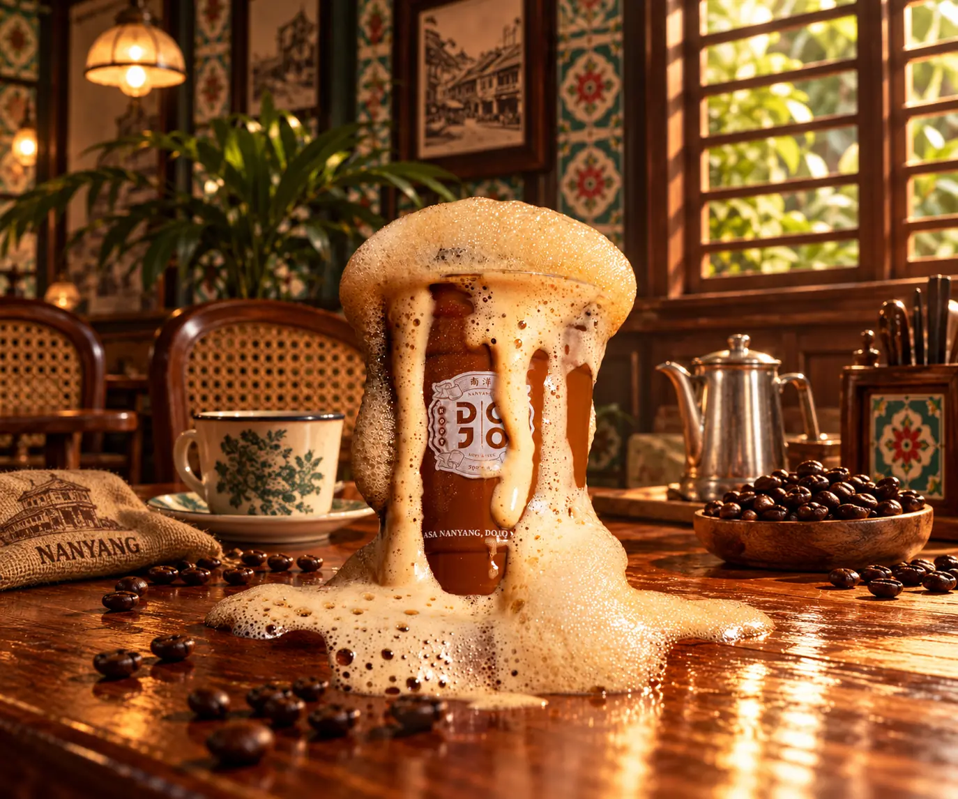 Nanyang kopi overflowing its cup in a kopitiam